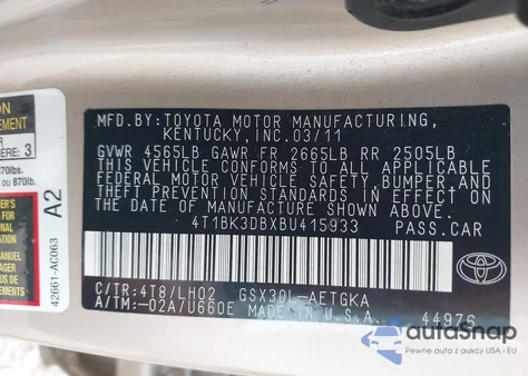 2011 Toyota Avalon from USA, damaged, VIN 4T1BK3DBXBU415933